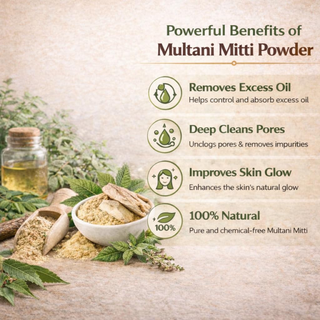 Multani Mitti Powder for Face & Hair | 100% Pure Fuller's Earth | Natural Skin Detox, Oil Control & Deep Cleansing Face Pack | Chemical-Free | 100g (100_Gm, Pac