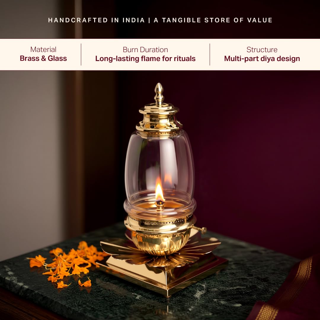 P•TAL Brass Akhand Jyot Diya with Glass Cover – Handcrafted Long-Lasting Oil Lamp for Puja, Mandir & Festivals (1N) Large