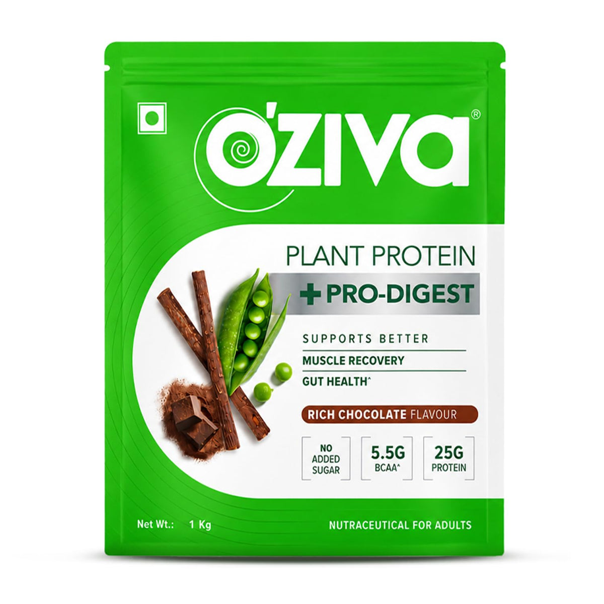 OZiva Plant Protein + Pro-Digest | 25g Protein | Chocolate Flavour |1 kg Chocolate 1000 g