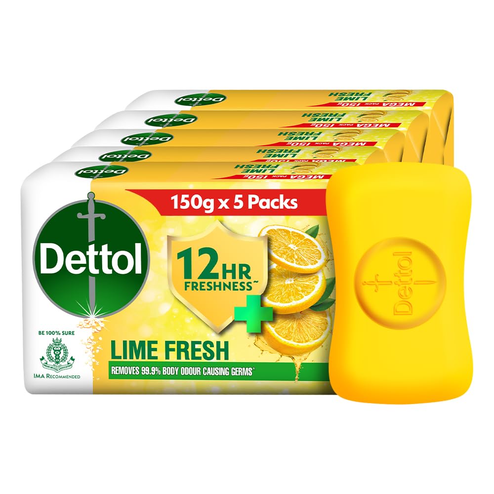 Dettol Lime Fresh (Lime Cool) Bathing Soap Bar with 12hr Freshness (750gm) |Long Lasting Freshness, 150gm Pack of 5 (3308672) 150 g (Pack of 5)