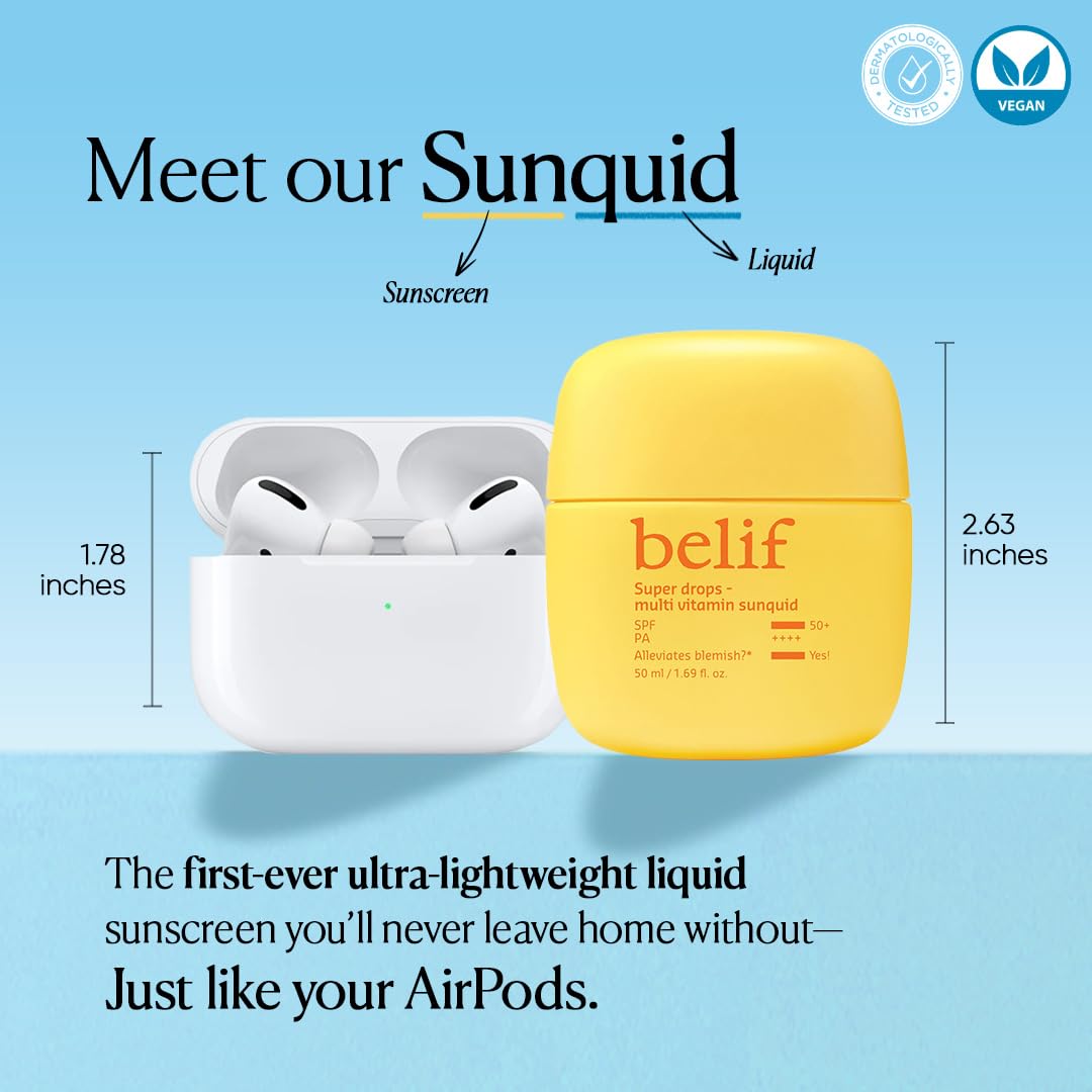 Belif Super Drops Multivitamin Sunquid SPF 50+ PA++++ | Korean Sunscreen with Vitamin C | Reduces Redness, Dullness & Dark Spots | Lightweight Sunscreen with Mu
