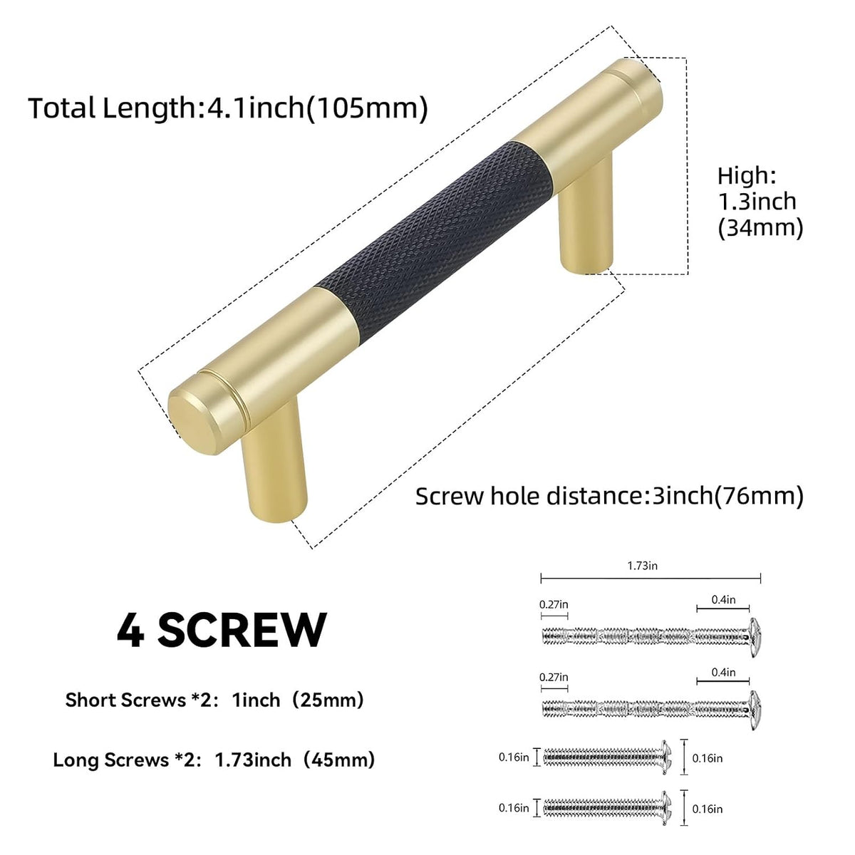 10 Pack 3Inch Mattle Black and Brushed Gold Kitchen Cabinet Handles Knurled Cabinet Pulls Gold Drawer Pulls Kitchen Hardware 3'' Hole Center(76mm) 10 Pack Black