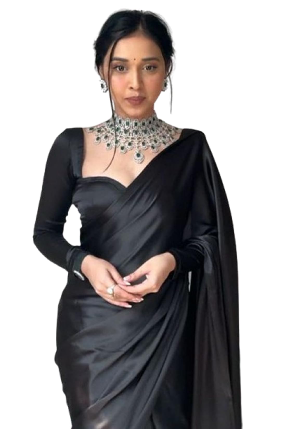 Women's Ready to Wear Plain Satin Silk 1 Minute Pre Pleated Saree With Black Unstitched Blouse Free size Black