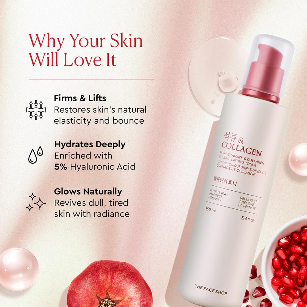 The Face Shop Pomegranate and Collagen Volume Lifting toner with Pomegranate Extracts to nourish & brighten skin|Face Toner for Anti-Ageing, Bright & firm Skin|