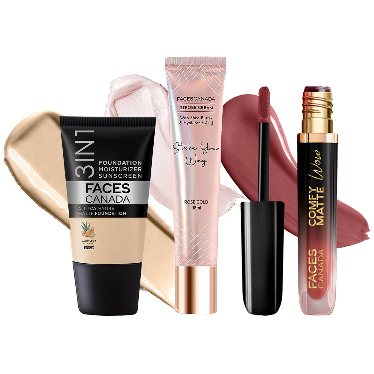 FACESCANADA Celeb Glow Combo | Strobe Cream - Rose Gold, 18ml + Hydra Matte Foundation - Absolute Ivory, 18ml + Comfy Matte Wow - Choco Couture, 3.8ml | Highlig
