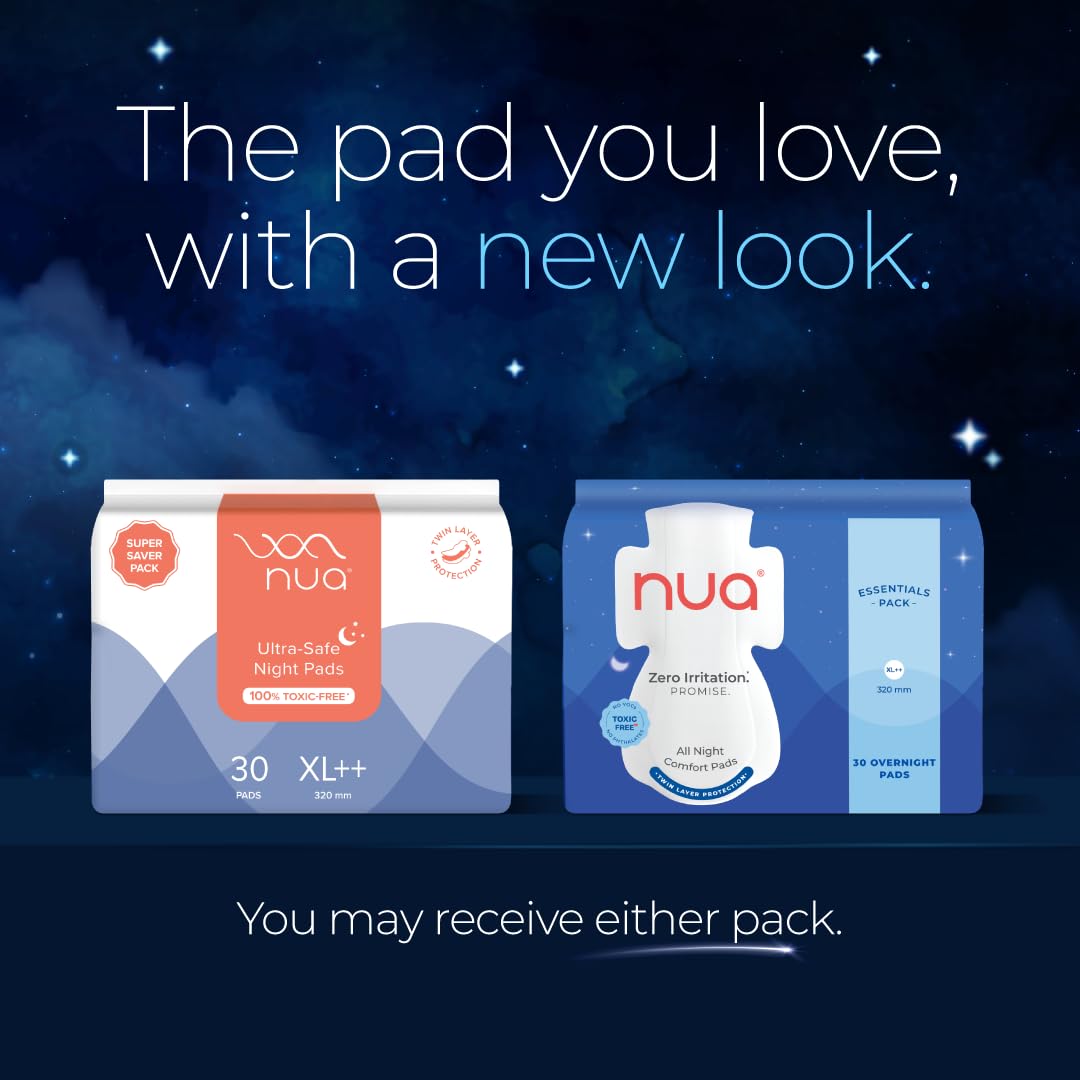 Nua All Night Comfort Sanitary Pads | Pack of 30 (XL++ 320mm) | Twin Layer Protection | 50% Wider Back and Anti Stain Wings | Upto 10 hours of Absorption | Supe