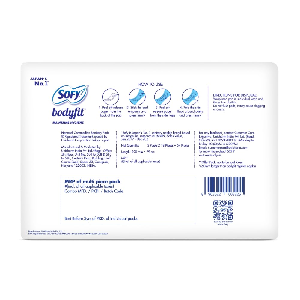 Sofy Bodyfit Pro Sanitary Pads (XL Size - 290 mm) 54 pads - Deep Absorption & fragrance, Centre Thick Fit, Soft on skin with comfy dry top sheet, with disposabl