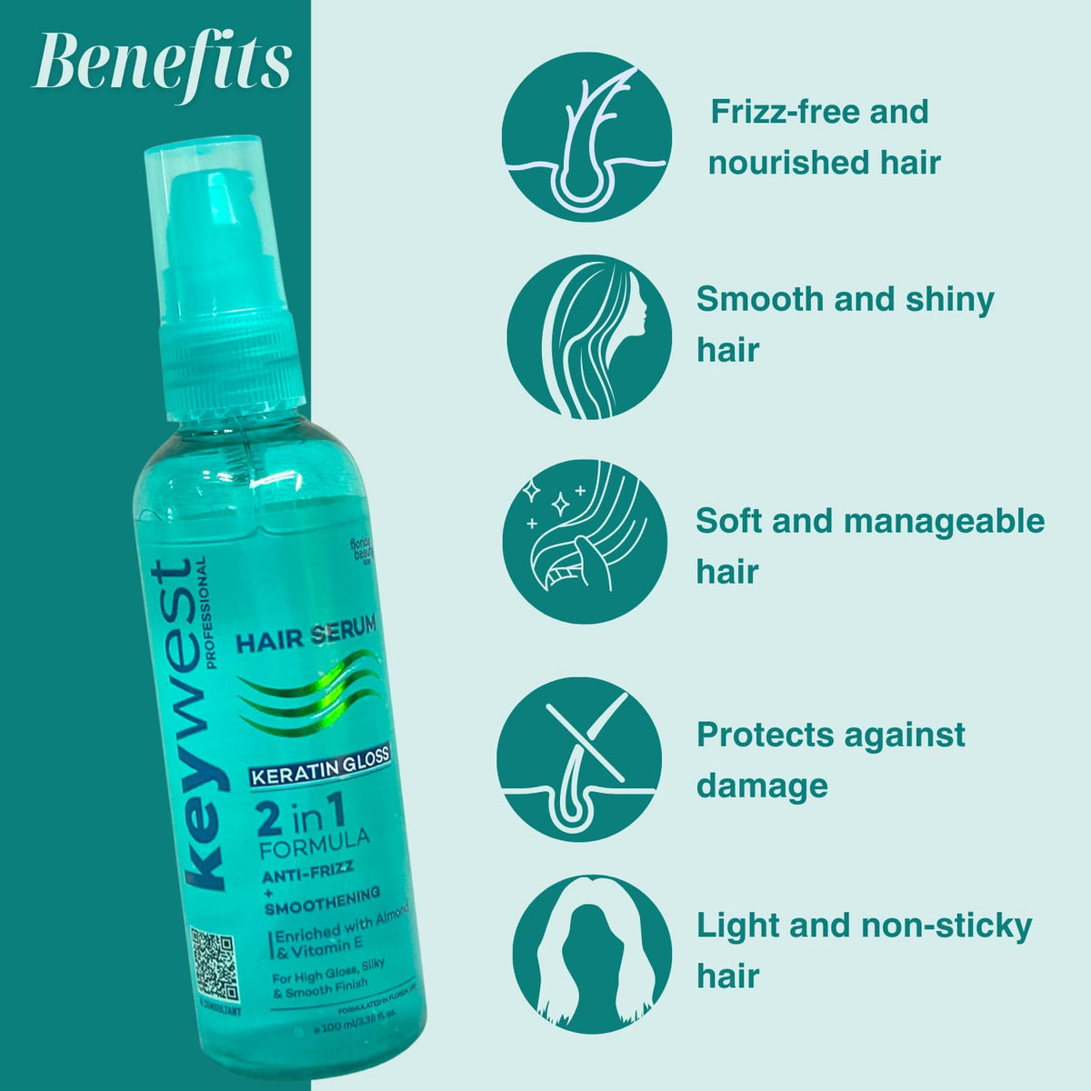 Keywest Professional Keratin Gloss Hair Serum for Women Men Dry Frizzy Hair, 100ml | 2in1 Formula Anti-Frizz + Smoothening | Enriched with Almond Oil & Vitamin