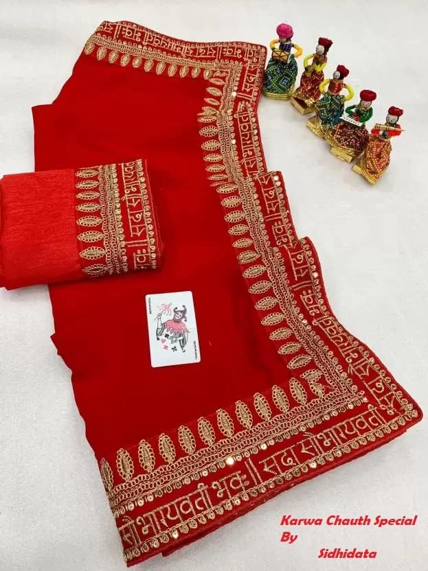 Sidhidata Textile Women's Lace Bordered Georgette Saree With Unstitched Blouse Piece (Sada Saubhagyavati Bhava_karwa Chauth)