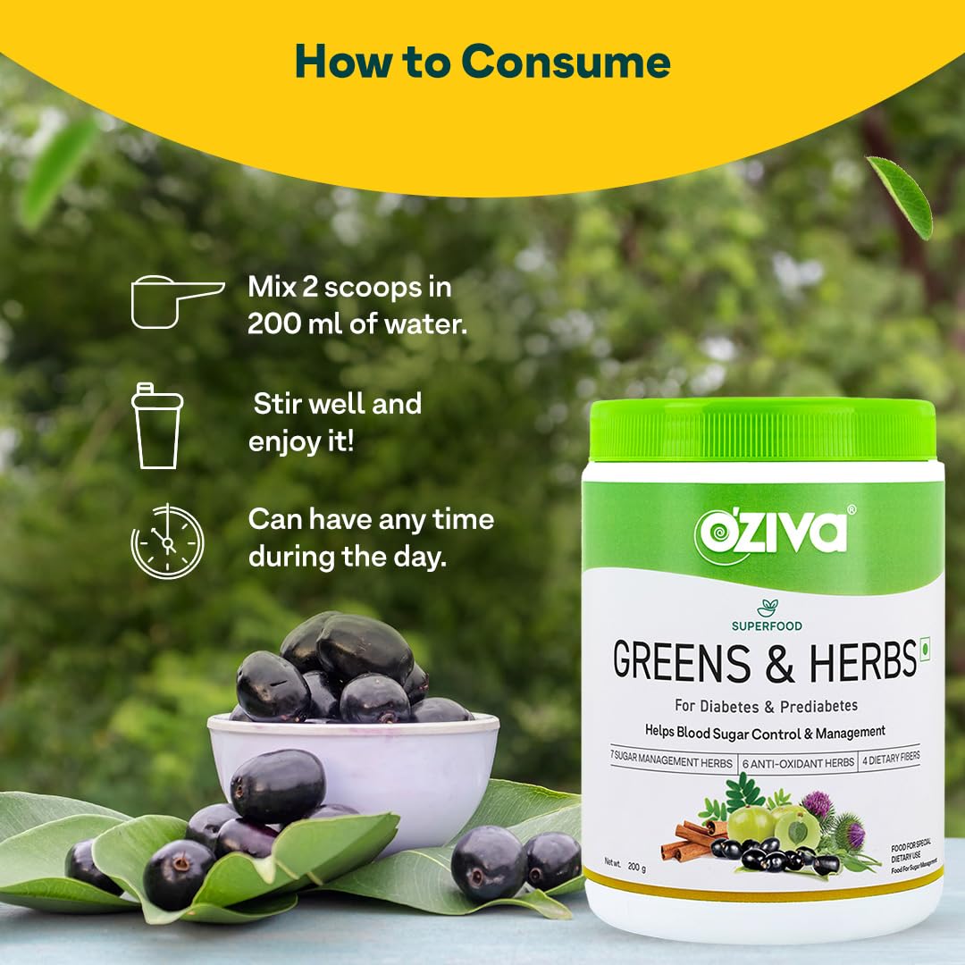 Oziva Superfood Greens & Herbs For Diabetes And Prediabetes Powder, 200G| Greens & Herbs For Sugar Control And Diabetes Management (With Moringa, Milk Thistle,