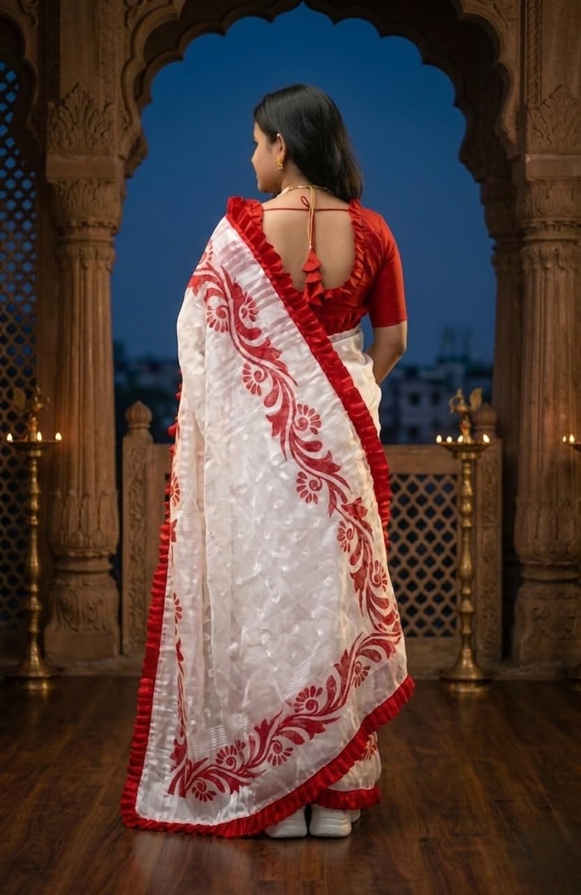 White Khadi Pure Cotton Saree with Multicolour Floral Embroidery, Daily Wear
