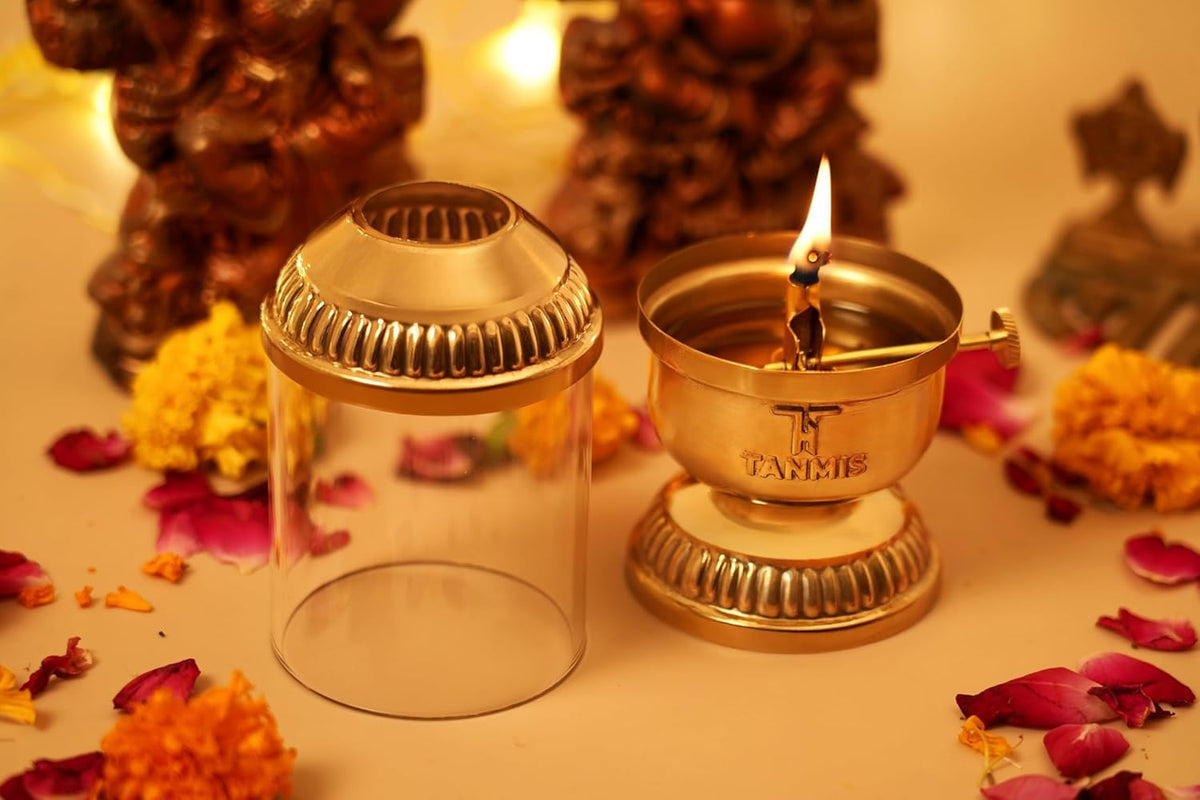 100% Pure Brass Akhand Jyoti Diya with Borosilicate Glass Cover | Windproof Akhand Deepak for Puja Room, Mandir & Temple | Adjustable Bati | 80 ml Oil Capacity