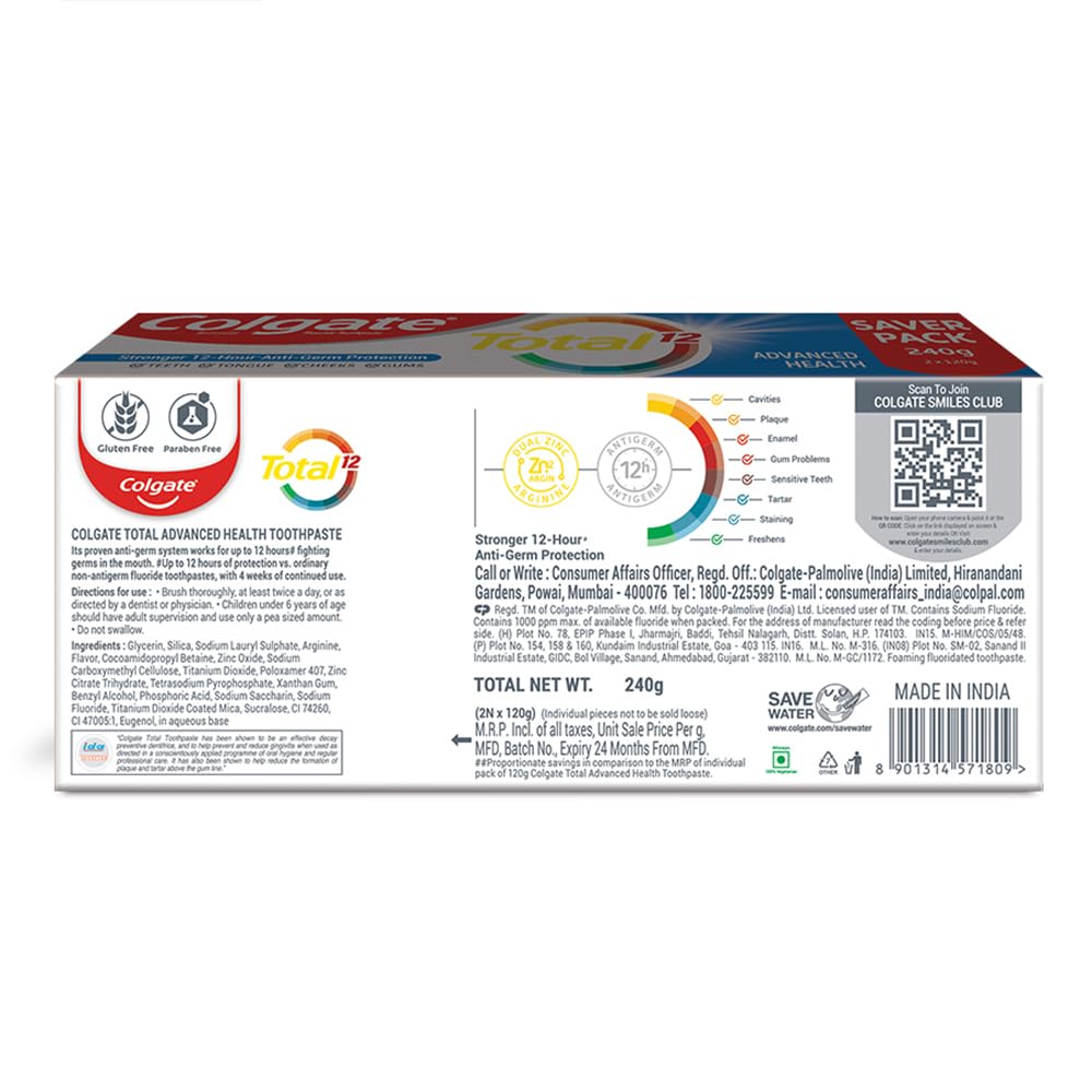Colgate Total Whole Mouth Health, Antibacterial Cavity Protection Toothpaste, 120gm + 120gm (Advanced Health, Saver Pack)