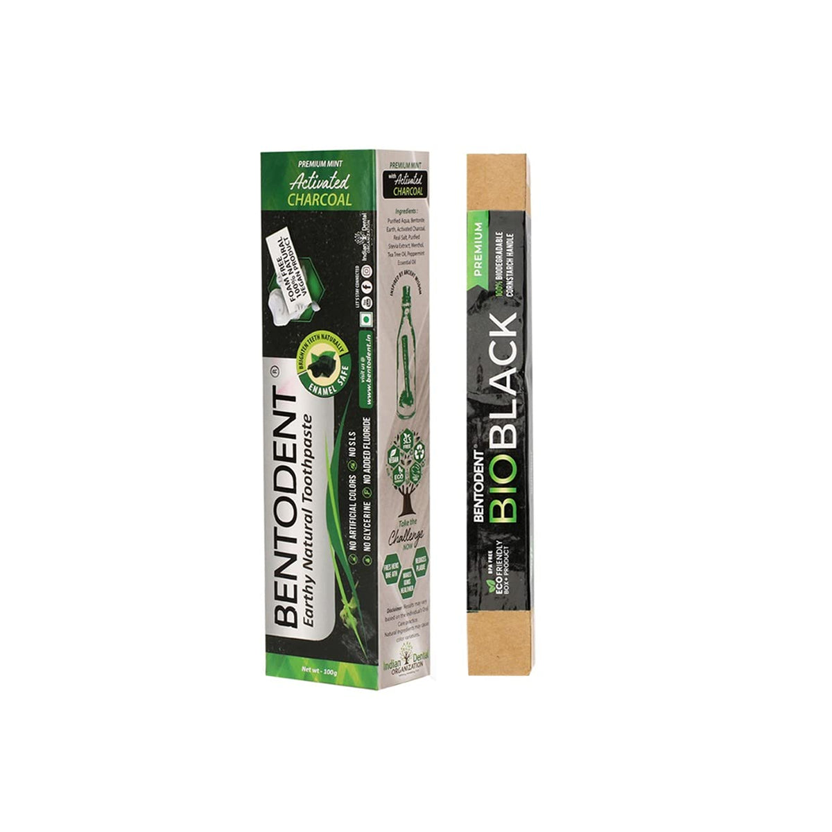 Bentodent Activated Charcoal Whitening Toothpaste With A Soft (Bio Black/or Bio White) Biodegradable Toothbrush, SLS and Fluoride Free, Safe and Certified,Pack