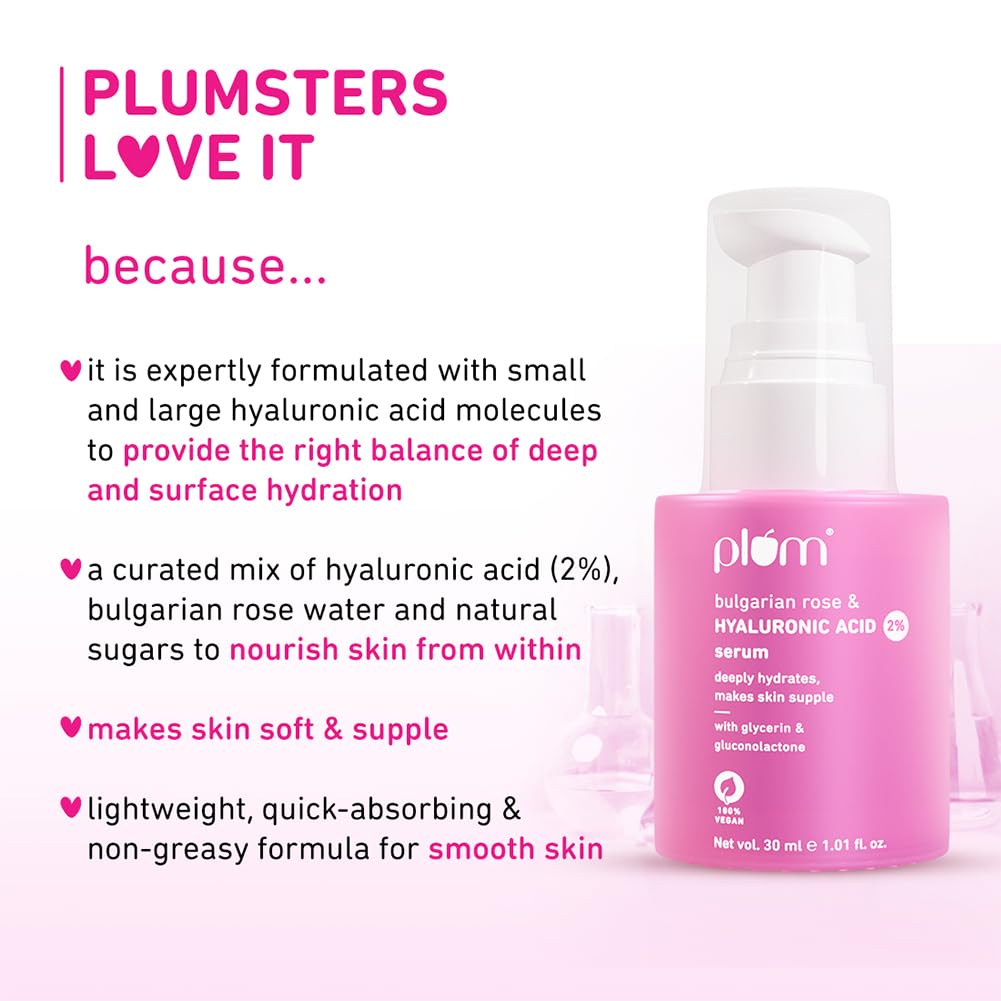 Plum 2% Hyaluronic Acid Serum with Bulgarian Rose (30 ml) | Instant Hydration for Plump & Bouncy Skin | Daily Use Face Serum| For All Skin Types | Fragrance-Fre