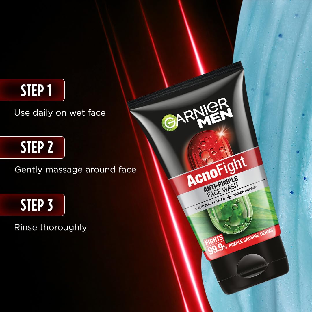 Garnier Men Acno Fight Anti Pimple Face Wash, Anti Pimple Face Wash with Salicylic Acid and Herba Repair, Suitable for all Skin Types, 150g 150 g (Pack of 1)