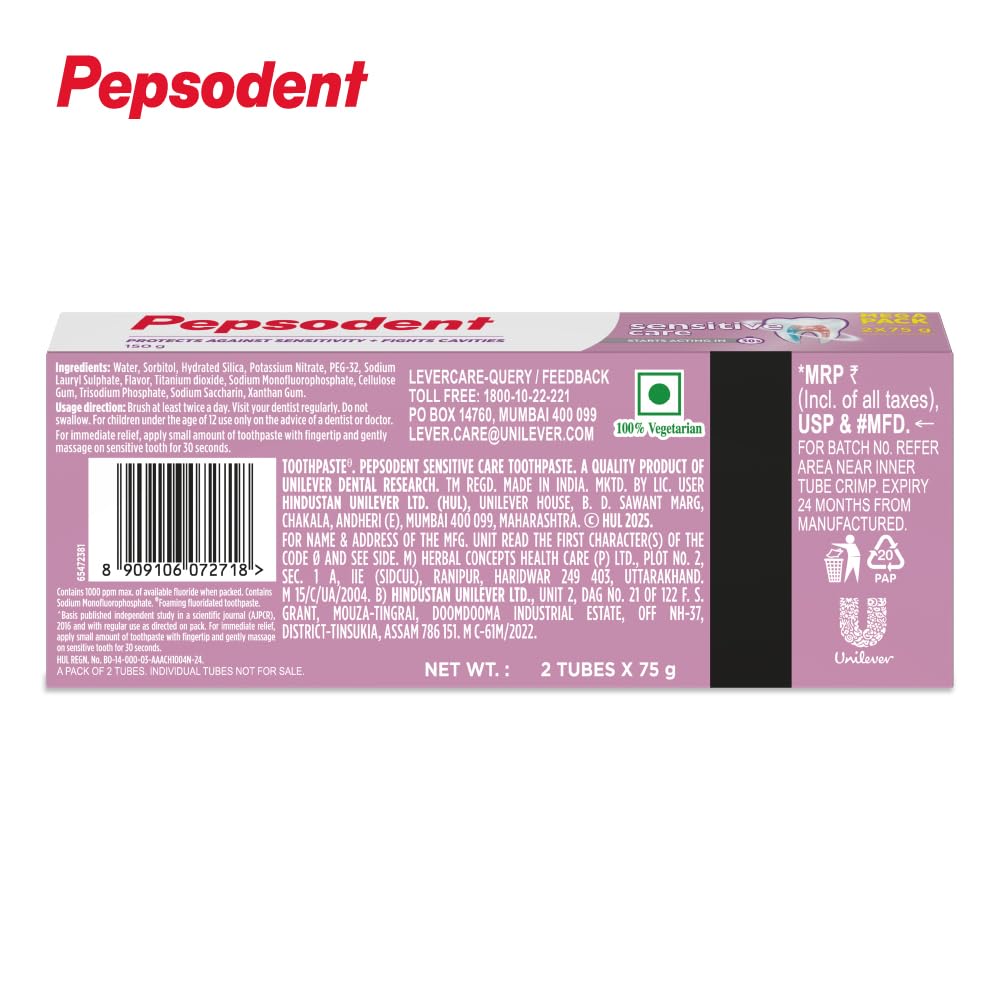 PEPSODENT SENSITIVE Care Toothpaste, Multipack, specially formulated with 5% Potassium Nitrate, Starts Acting in 30s,100% Vegetarian, Protects against Sensitivi