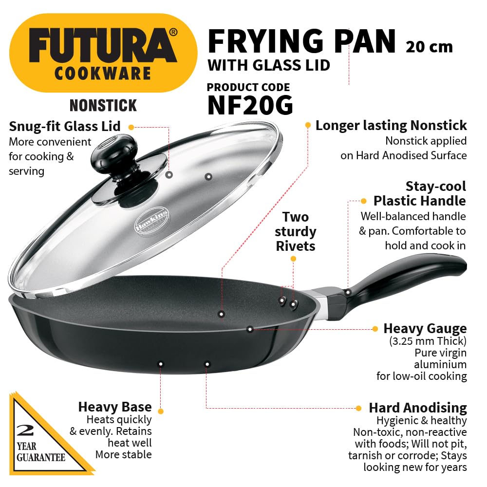 Hawkins Futura 20 cm Frying Pan, Non Stick Fry Pan with Glass Lid, Small Frying Pan, Black (NF20G) 20 cm Glass Lid Non Induction