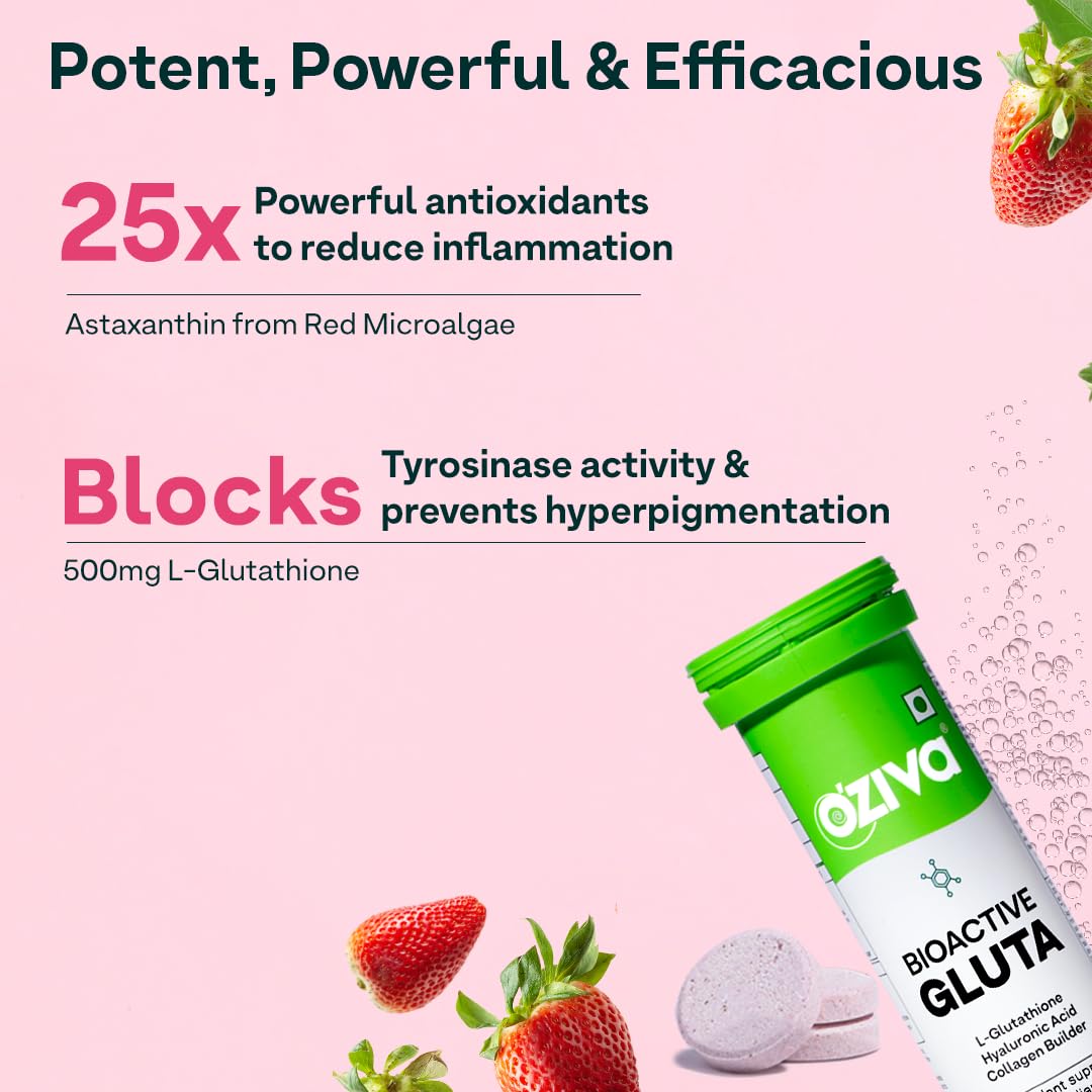 OZiva Bioactive Glutathione Tablets for Radiant Skin - Strawberry Swirl,15 Effervescent Tablets (Pack of 1) & Phyto Ceramides+ Collagen Builder Blueberry,15 Eff