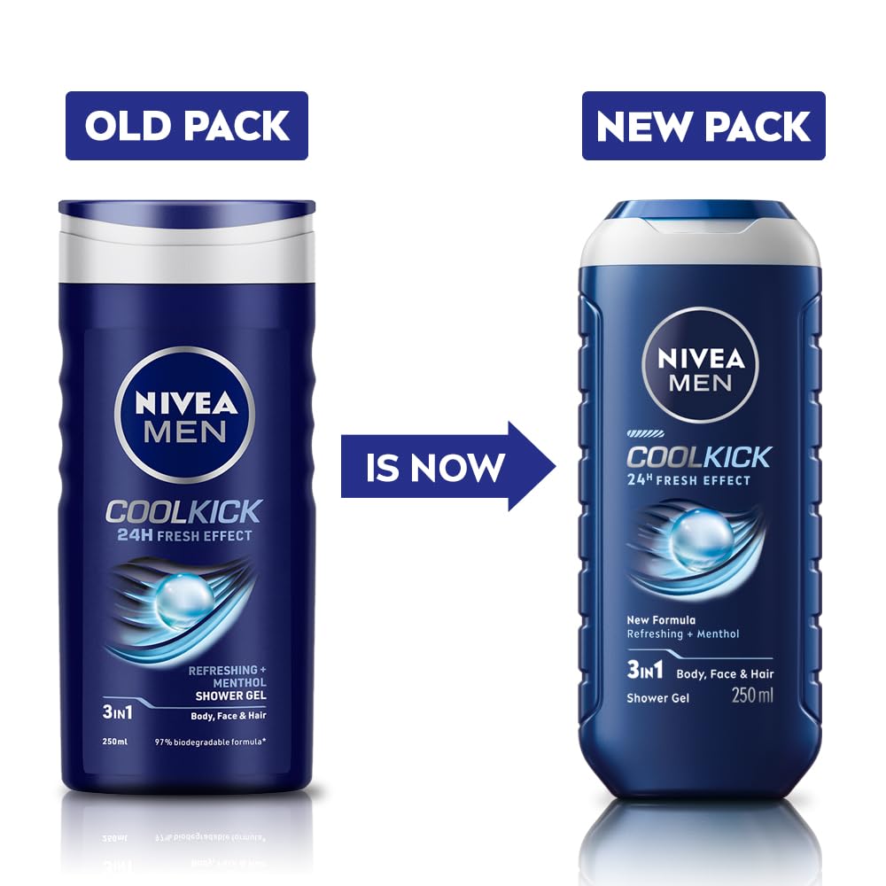 NIVEA MEN Cool Kick 250ml Body Wash| Shower Gel for Face, Body & Hair| Refreshing Icy MENthol|24 H Freshness |For All Skin & Hair Types Menthol 1 count (Pack of