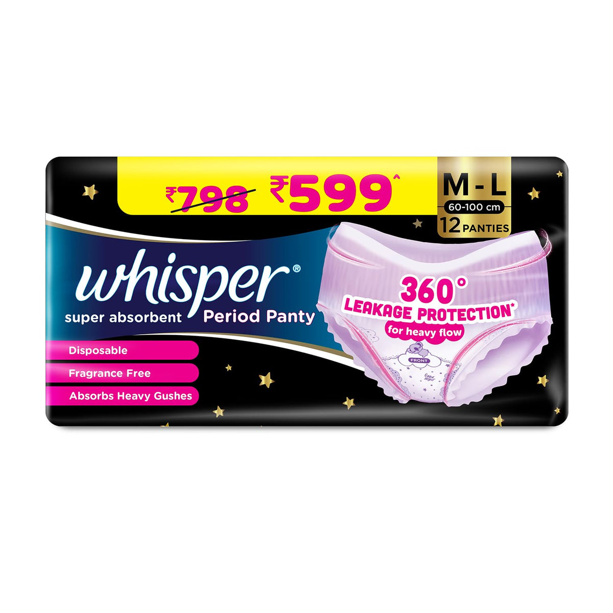 Whisper Super Absorbent Period Panties for Women, Heavy Flow, 40 Feet / 12m-L Pants, 360 Degree Leak Protection, Panty-Like Fit with Full Coverage
