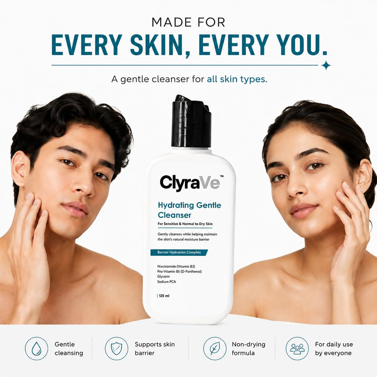 Hydrating Face Wash for Dry & Sensitive Skin, Gentle Soap-Free Cleanser with Niacinamide, Panthenol, Glycerin & Sodium PCA, Fragrance-Free & Non-Comedogenic, 12