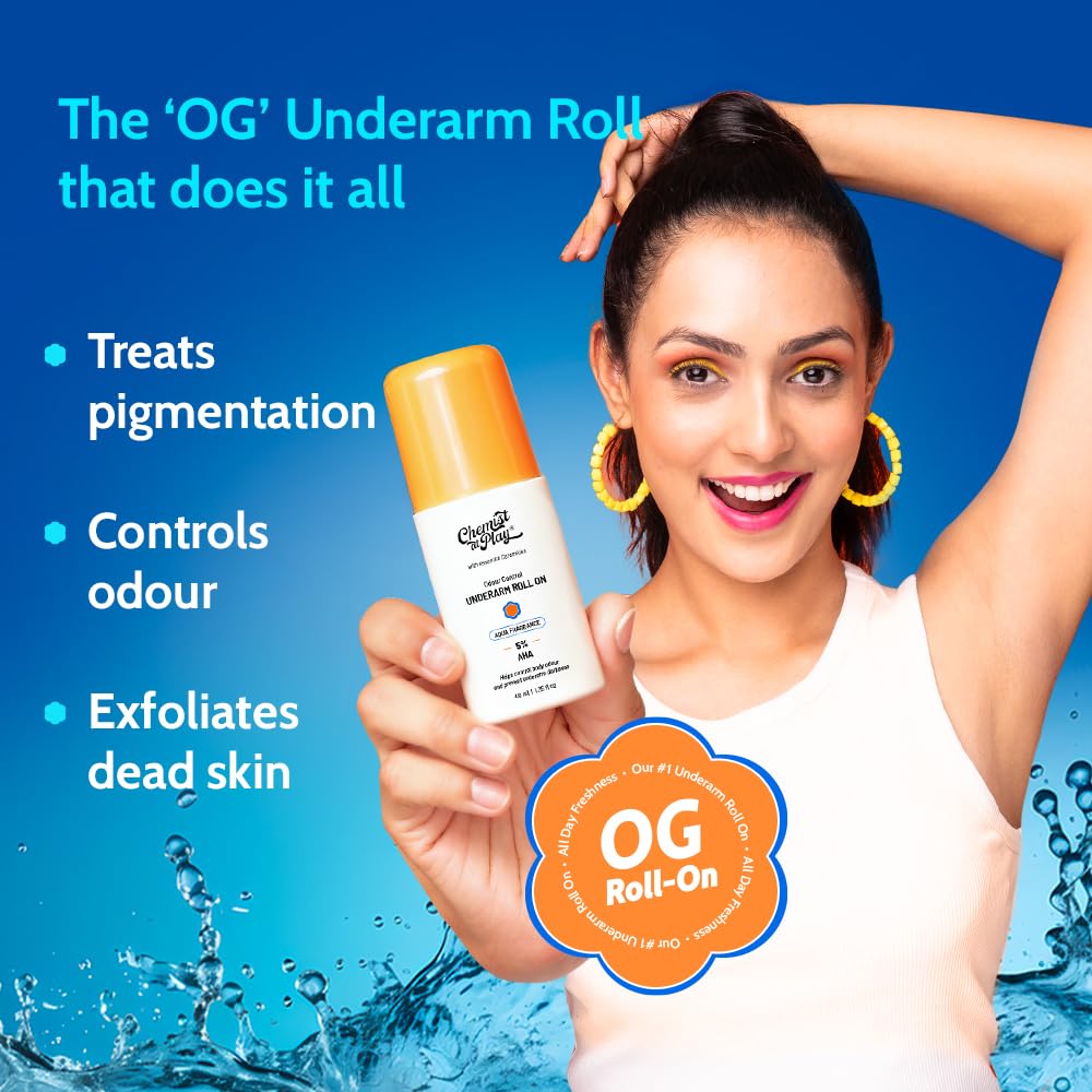 Chemist At Play UnderArm Roll On with 5% AHA, Lactic Acid & 1% Mandelic Acid|Prevents Body Odour, Fades Pigmentation & Kills Bacteria|0% Aluminium & 0% Alcohol | For Sensitive Skin|Aqua Fragrance|40ml
