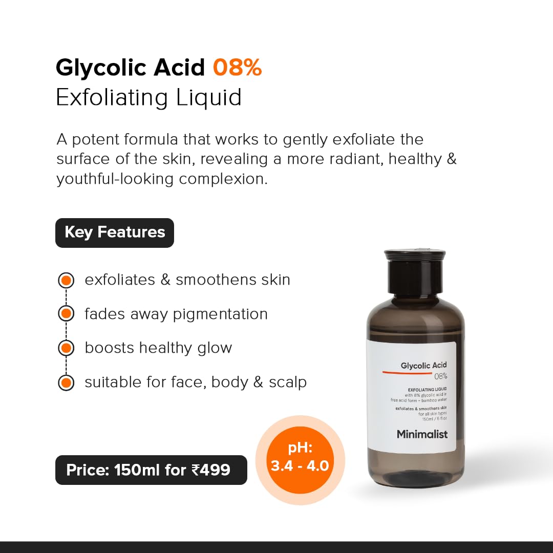 Minimalist 8% Glycolic Acid Toner For Glowing Skin | Multi-functional Exfoliating Toner With Bamboo Water for Body, Face, Underarms & Scalp | For Women & Men |