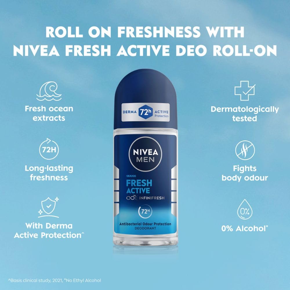 NIVEA MEN Fresh Active 50ml Deo Underarm Roll On | With Fresh Ocean Extracts Scent| 72 H Freshness| 0% Alcohol | Dermatologically Approved & Paraben Free Formul