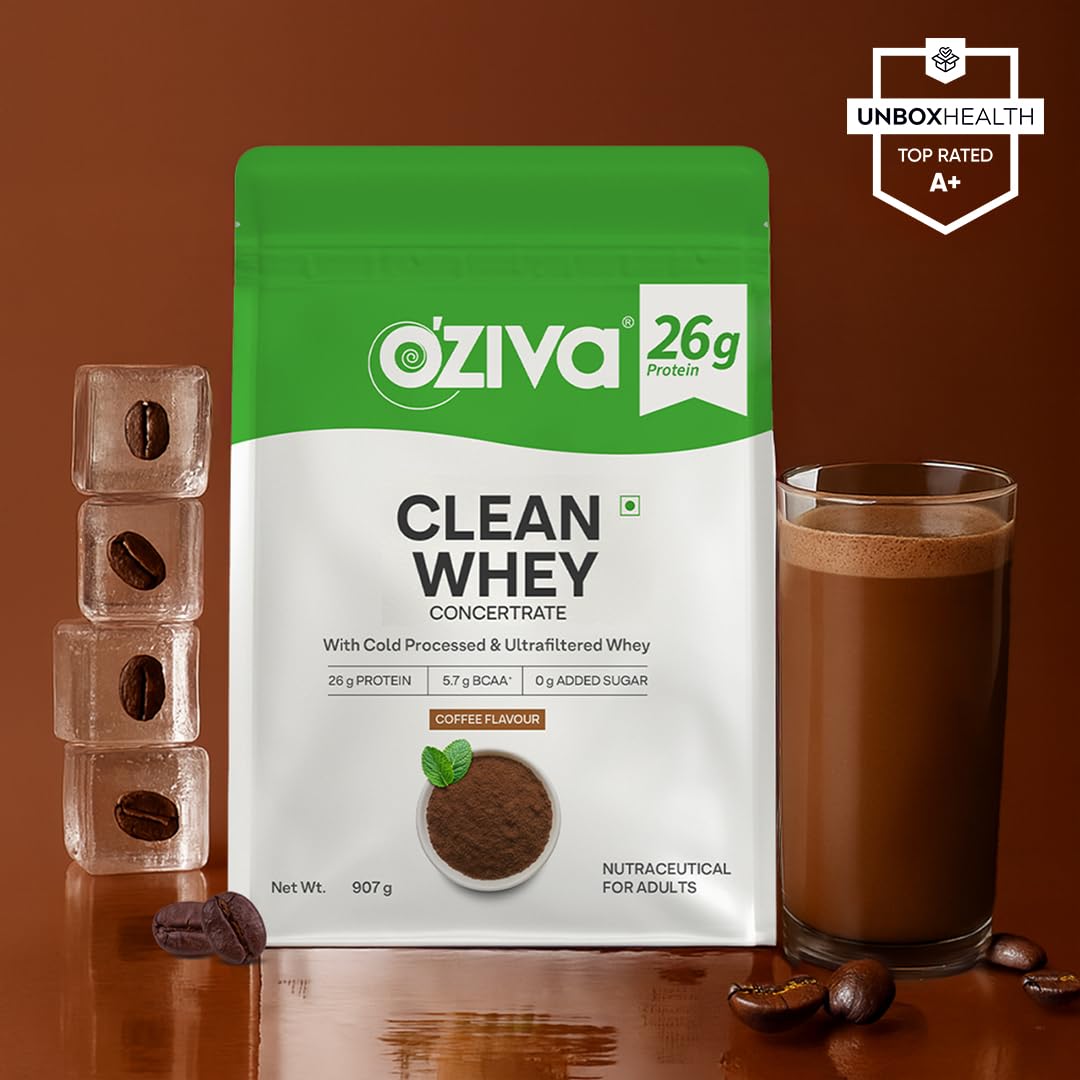 OZiva Clean Whey Concentrate Protein Powder (Coffee) - 2lbs/907g | 26g Protein Per Scoop | Microfiltered, Ultrafiltered, 100% Cold-Processed | Muscle recovery,