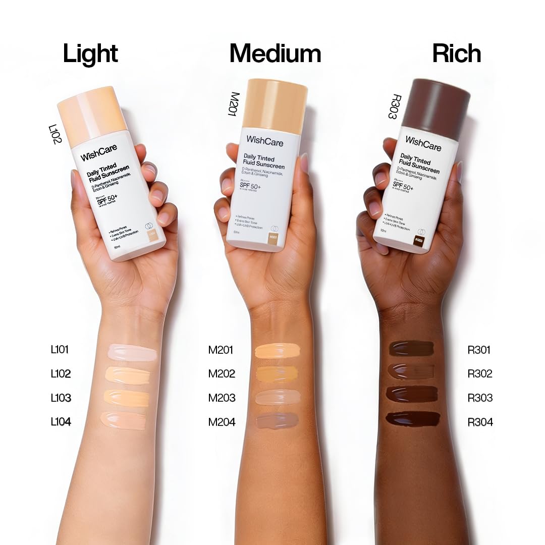 WishCare Daily Fluid Tinted Sunscreen SPF50 PA++++| L102 | Broad Spectrum Protection for all skin types | In-Vivo Tested Tinted Sun Screen | D-Panthenol, Niacinamide, Ectoin & Ginseng | Evens & Protects | 50ml
