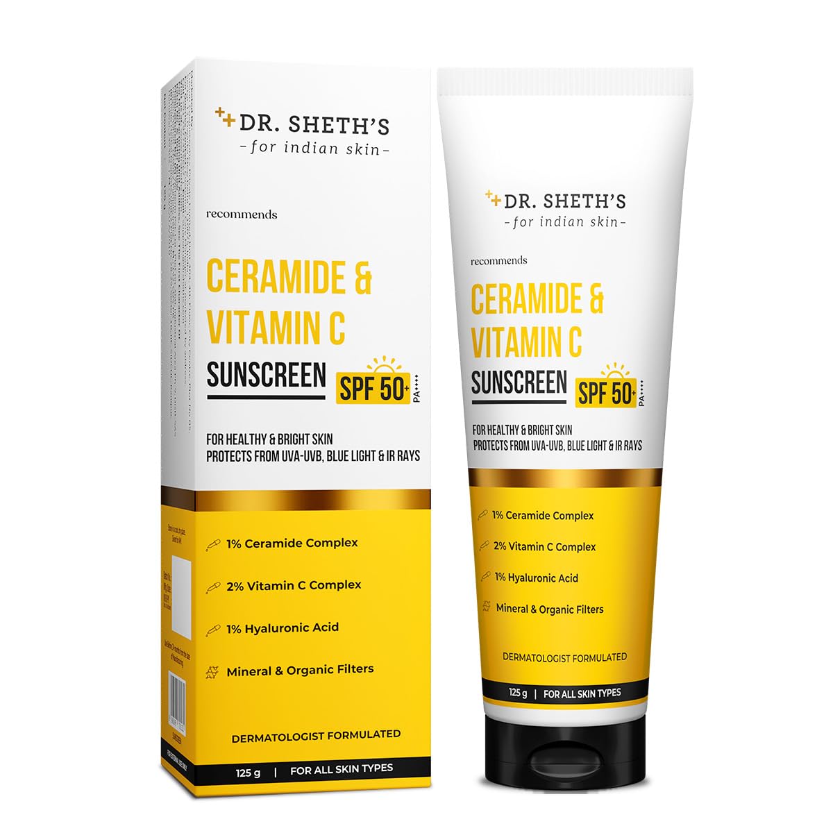 Dr. Sheth's Ceramide & Vitamin C Sunscreen SPF 50+ PA++++ |In-Vivo Tested | For Healthy & Bright Skin | Lightweight & Non Greasy | For UVA/UVB & Blue Light & IR Protection | No white cast | For All Skin Types | For Men & Women | 125 g