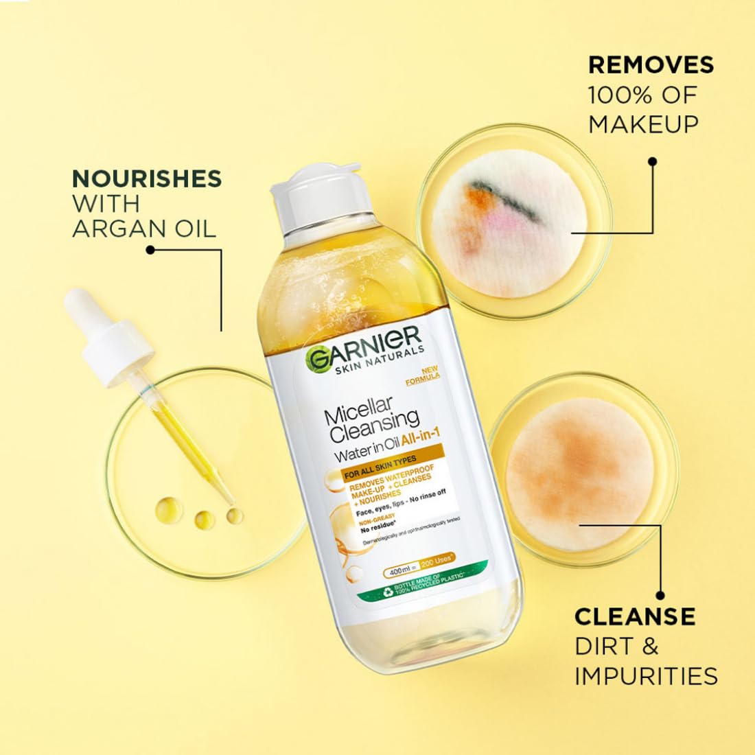 Garnier Oil-infused Micellar Cleansing Water | Make-Up Remover & Cleanser for waterproof & smudge-proof makeup | Suitable for all skin types | Just Pour, Press & Swipe | 400ml
