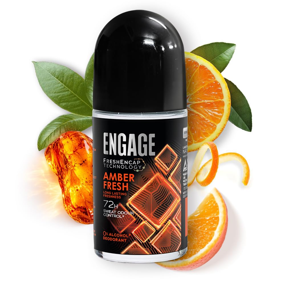 Engage Amber Fresh Underarm Roll On for Man|72 Hour Sweat & Odour Protection|Advanced Antiperspirant Deodorant Formula| FreshEncap Technology|0% Alcohol|Non Sti