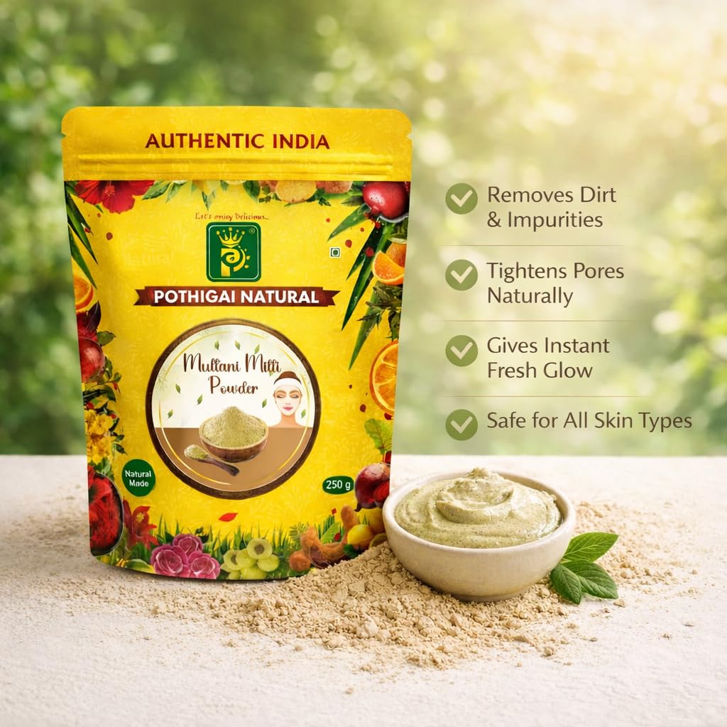 POTHIGAI NATURAL Multani Mitti Powder 250g | 100% Pure Fuller’s Earth for Face Pack, Skin Brightening & Oil Control | Natural Clay for Acne & Hair Care
