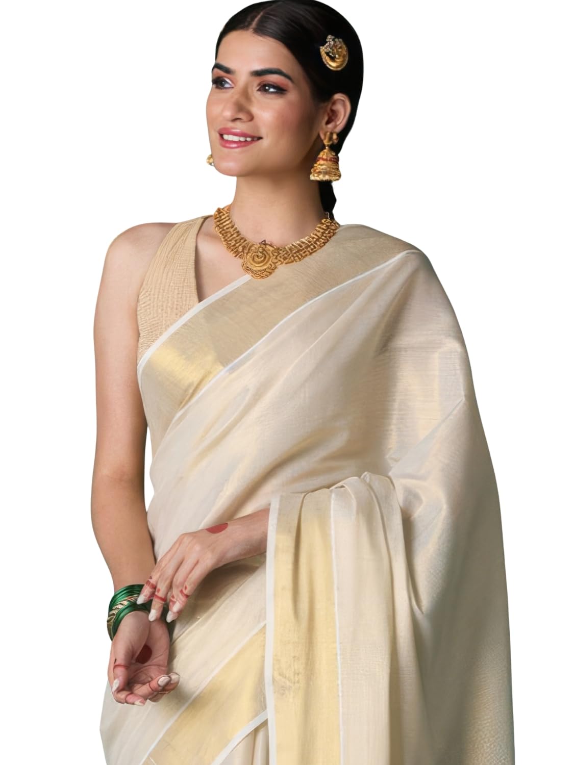 Women's Kerala Kasavu Golden Tissue Plain Saree with Running Blouse | 6.25 Meters, Gold, Gold, 6.25 Mtrs with Running Blouse