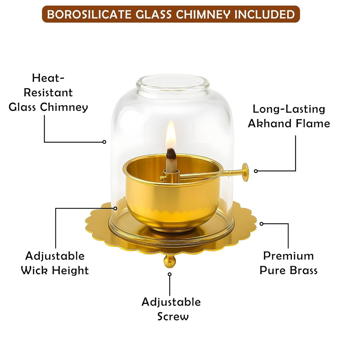 Brass Akhand Diya with Glass Chimney, 7.6 Cm, Adjustable Wick, Small Size Lamp for Pooja and Temple|akhand Diya with Adjustable bati