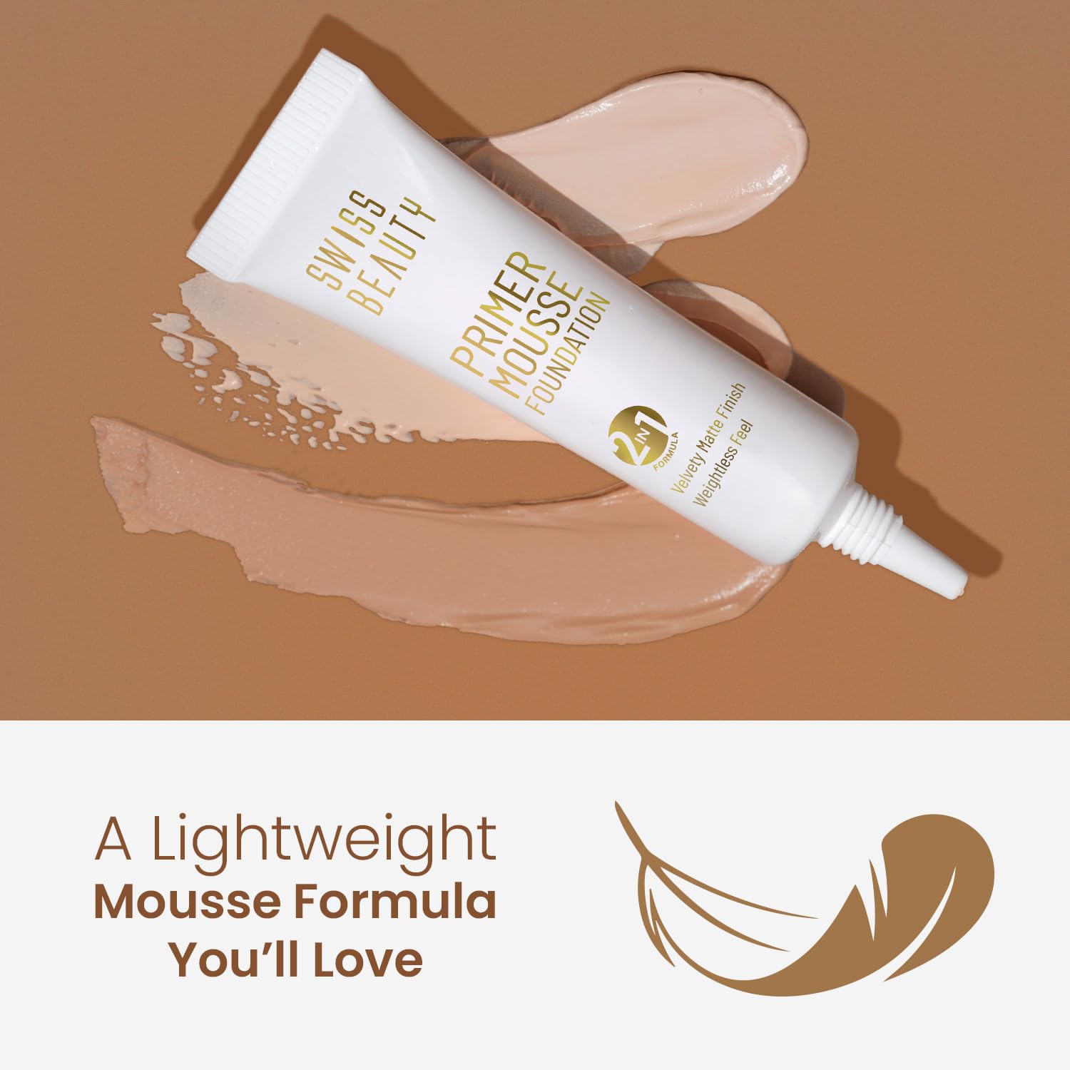 Swiss Beauty Primer Mousse Foundation Weightless Smooth & Velvet Touch, Matte Finish, Face MakeUp, Medium Beige, 40ml