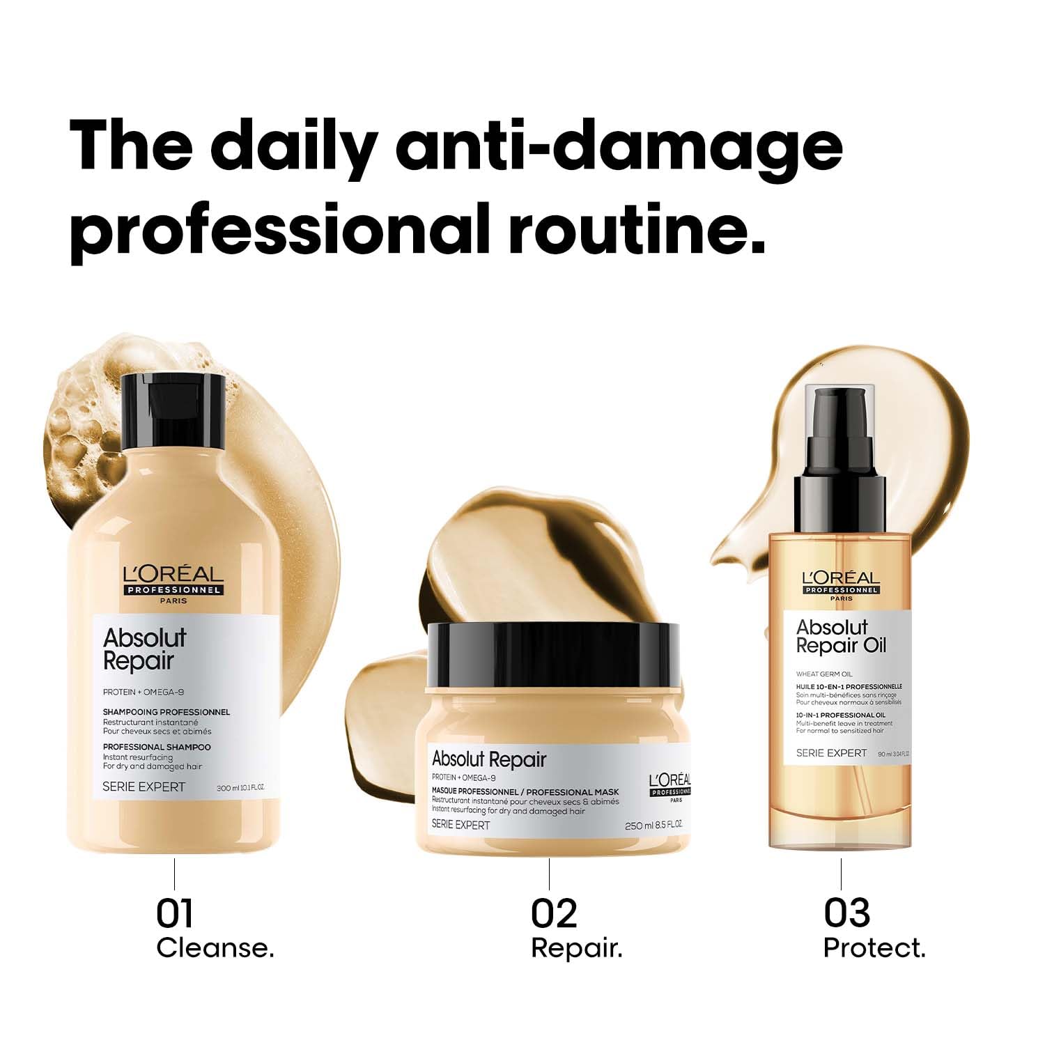 L'Oréal Professionnel Absolut Repair Shampoo for Dry & Damaged Hair | Professional shampoo for Strengthening and Repairing Hair, With Protein & Omega-9, For Men & Women, 300ml