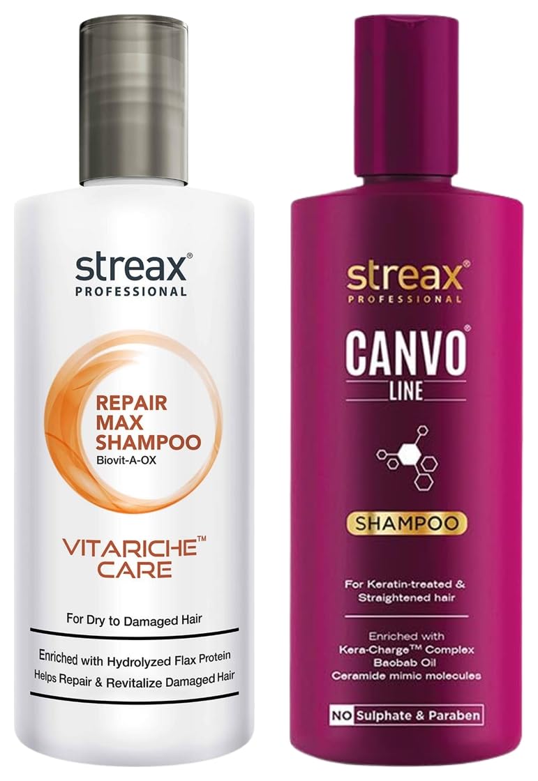 Streax Professional Vitariche Care Repair Max Shampoo For Women| Mild Shampoo For Dry, Damaged Hair, 300ml Canvoline Straightening Post Care Shampoo for Women 3