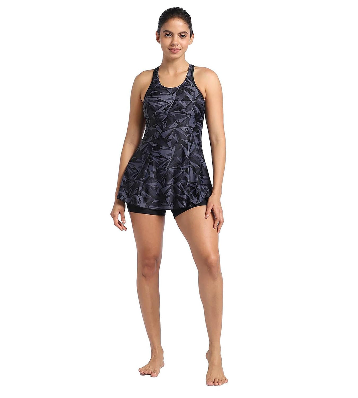 Speedo Women's Endurance 10 Hyperboom Printed Racerback Swimdress with Boyleg - Black & Oxid Grey