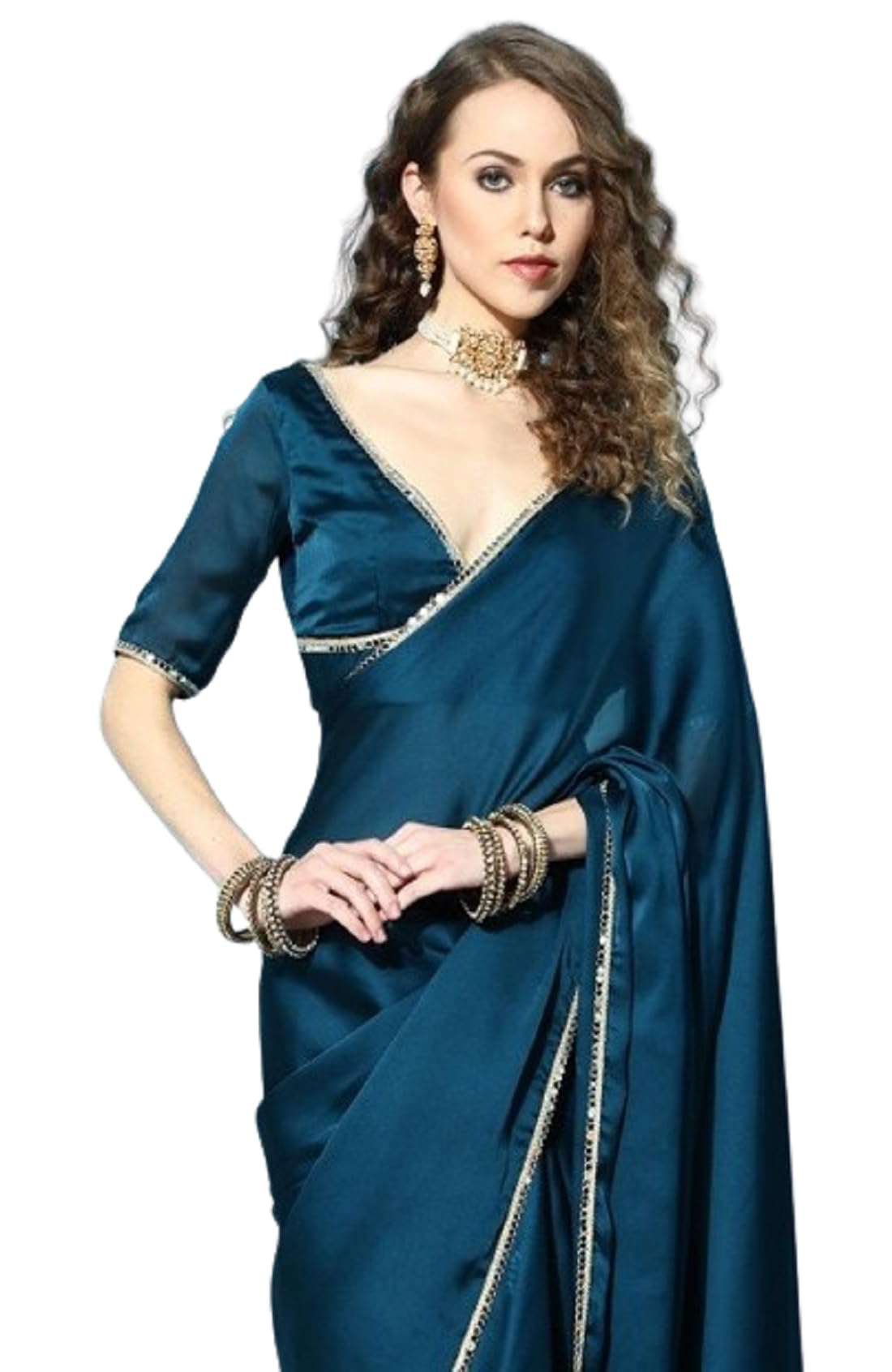 1 Minute Silk Satin Pre-Pleated Saree Ready to Wear with Unstitched Blouse Royal Blue One Size