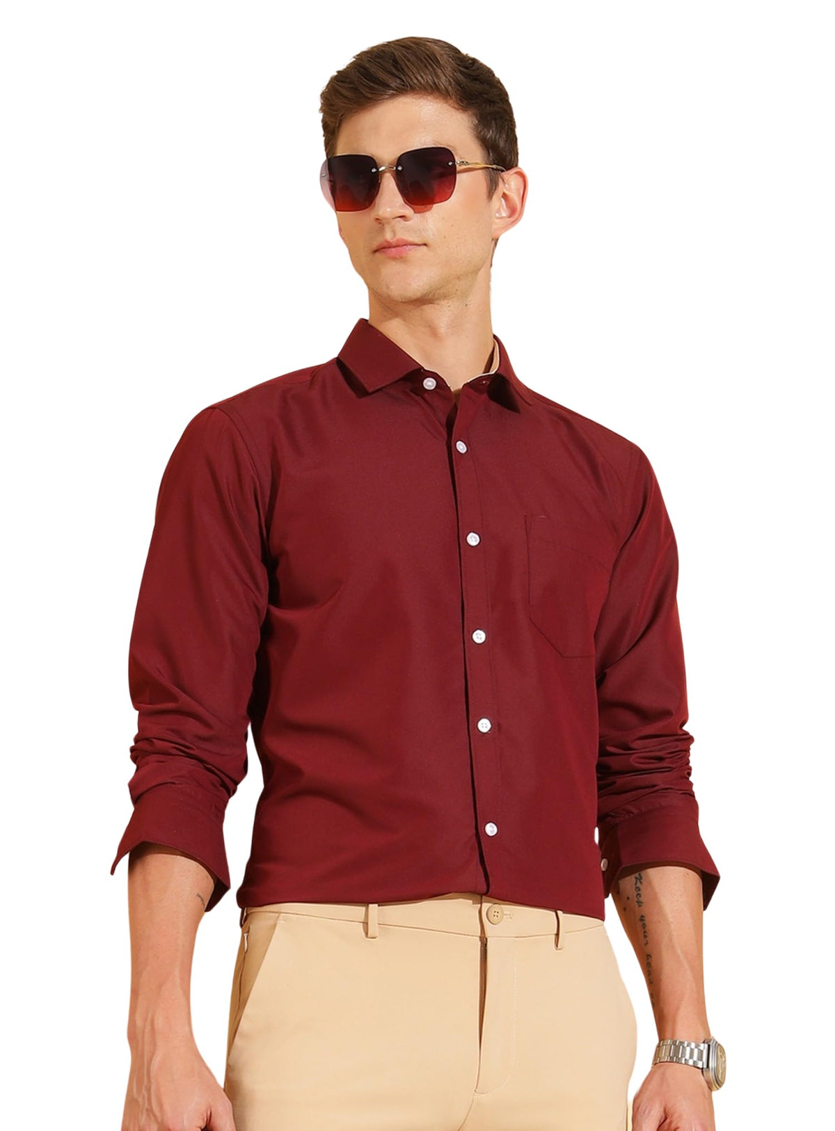 Fyltr Men's Regular Fit Solid Shirt - Full Sleeve| Functional Pocket | Contrast Trim Fabric | Formal Shirts for Men L Garnet Grace