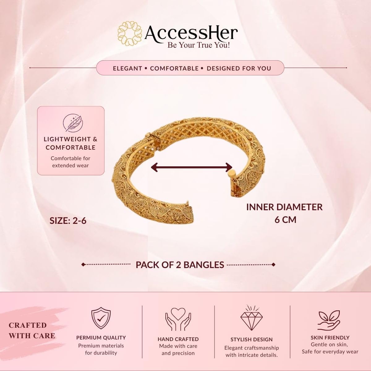 Accessher Set Of 2 Gold Plated Traditional Rajwadi Jewellery Inspired Ethnic Filigree Style Screw Closure Bangles/Festive Bangles For Women ideal Gift For Karwa