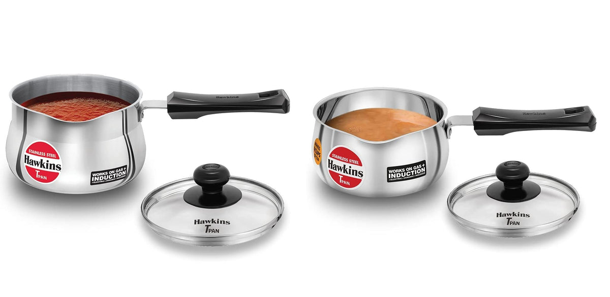 Hawkins Stainless Steel Tpan / Sauce Pan, 2 Litres With Glass Lid And 1 Litre With Glass Lid, Set Of 2 Pcs,Non-Stick, 2 Liter