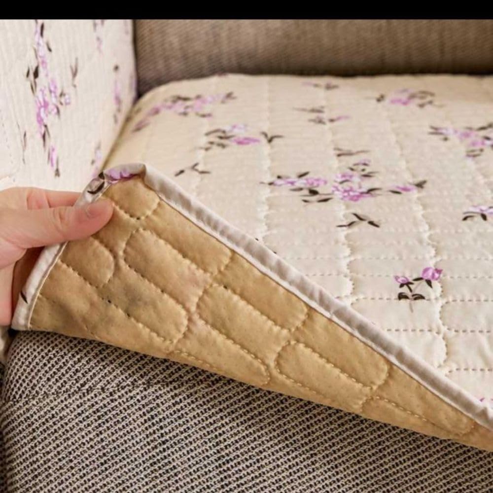 HOMETHREADS Anti-Skid Sofa Protector Mat: Premium Printed Cotton Slipcover with Strong PVC Non-Slip Backing (Beige, 2 Seater | 140x75cm) Beige 2 Seater | 140x75