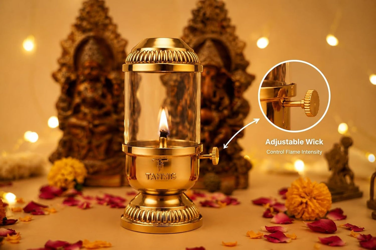 100% Pure Brass Akhand Jyoti Diya with Borosilicate Glass Cover | Windproof Akhand Deepak for Puja Room, Mandir & Temple | Adjustable Bati | 80 ml Oil Capacity