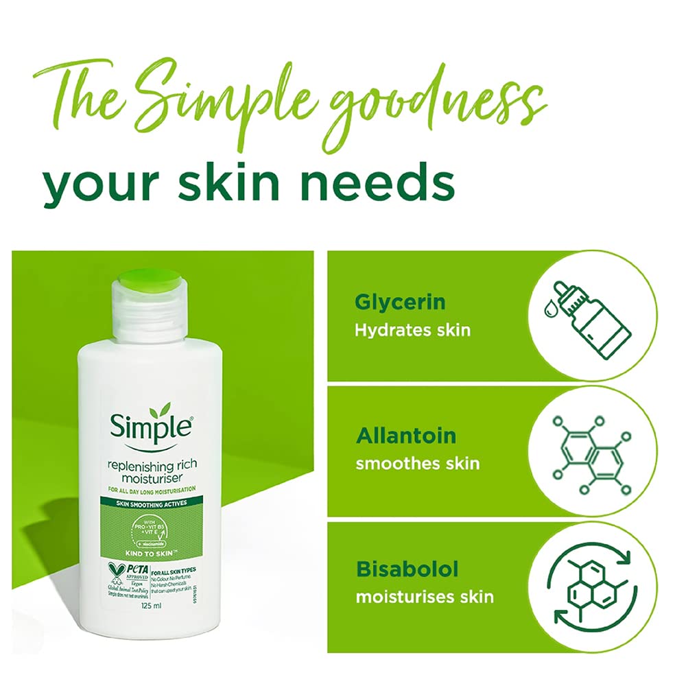 Simple Kind To Skin Replenishing Rich Moisturiser 125 ml | For All Day-Long Moisturisation with Pro-Vitamin B5 & Glycerin | For Normal to Dry Skin