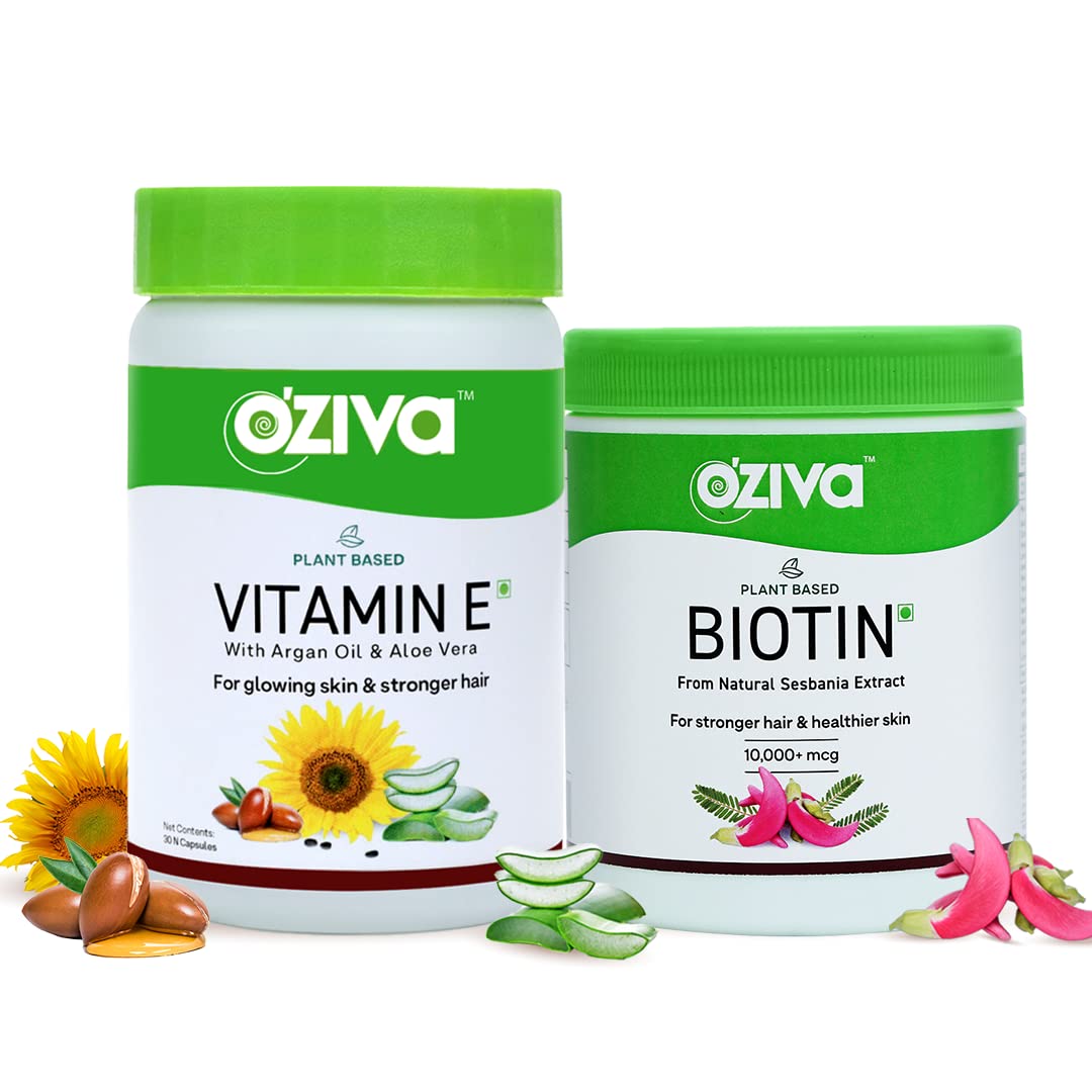 OZiva Plant Based Natural Vitamin E (With Sunflower Oil & Argan Oil) For Face & Skin Glow,30 Capsules & Plant Based Biotin 10000+ Mcg (With Natural Sesbania Aga
