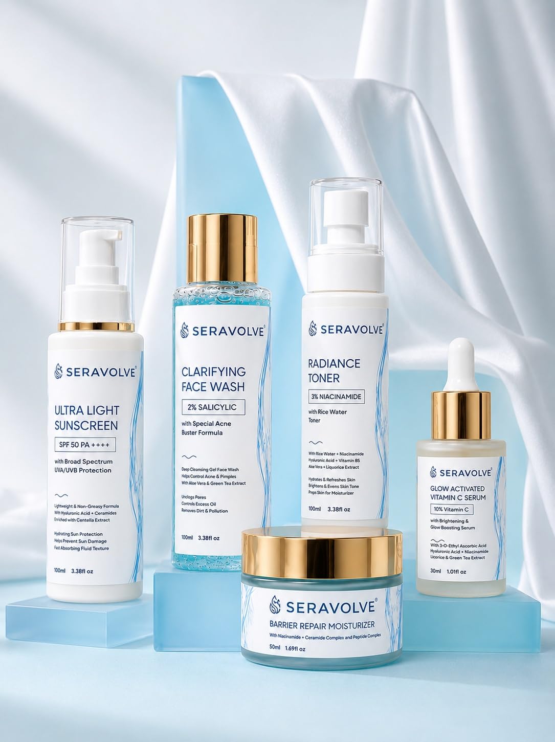 Full Skincare Routine 5 Product Combo | Clarifying Face Wash with 2% Salicylic Acid, Radiance Toner with 3% Niacinamide, Glow Activated Vitamin C Serum, Ultra L